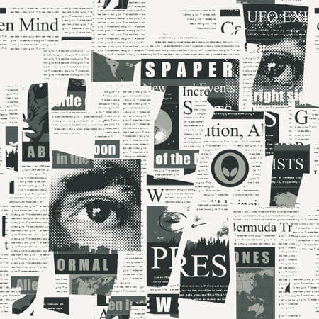 Abstract seamless pattern with a collage of magazine and newspaper clippings. Black and white vector background with unreadable text, headlines and illustrations. Wallpaper, wrapping paper or fabricのイラスト素材