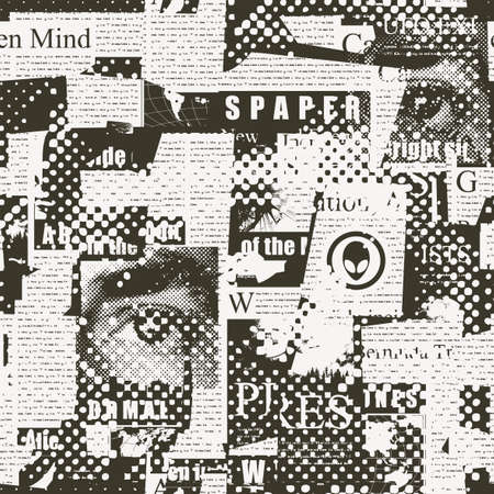 Abstract seamless pattern with a collage of magazine and newspaper clippings in grunge style. Vector background, wallpaper, wrapping paper or fabric with unreadable text, titles and illustrationsのイラスト素材