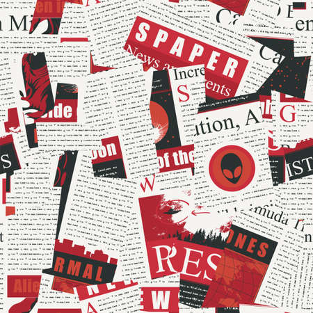 Seamless pattern with a collage of magazine and newspaper clippings on the theme of aliens. Abstract vector background with illegible text, titles and illustrations. Wallpaper, wrapping paper, fabricのイラスト素材
