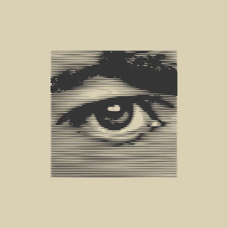 A square banner with an abstract human eye and an eyebrow in close-up, made of black bands on an old paper background. Halftone vector illustration in retro style.のイラスト素材