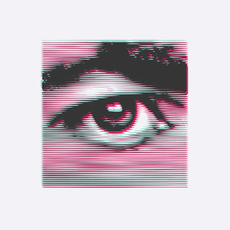 A square banner with an blurred human eye and an eyebrow in close-up, made of colored bands on a light background. Abstract vector illustration in retro style.のイラスト素材