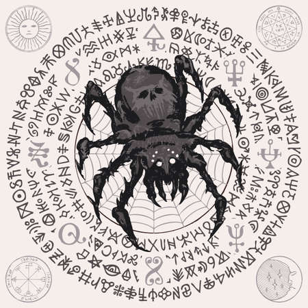 A hand-drawn illustration with a big predatory scary black spider on a cobweb background and unreadable signs and runes written in a circle. Vector decorative banner in retro styleのイラスト素材
