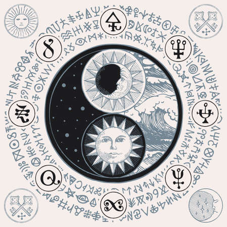 Vector yin yang symbol with sun, moon, stars, sea waves and magic signs, written in a circle. Hand-drawn sun and moon with human face. Sign of harmony, balance, feng shui, zen, yoga, day and nightのイラスト素材