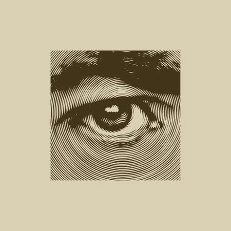 A square banner with an abstract human eye and an eyebrow in close-up, made of circles on an old paper background. Monochrome vector illustration in retro style.のイラスト素材