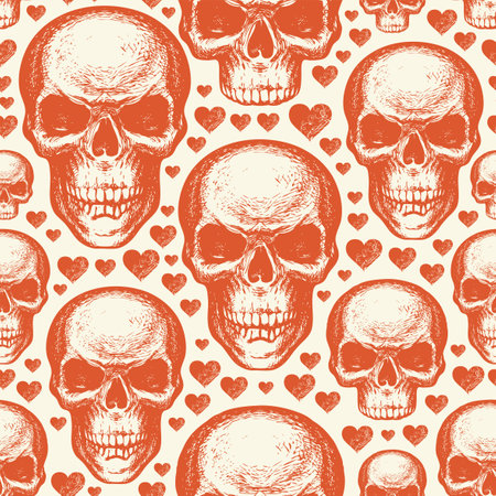 Seamless pattern with sinister human skulls and cute hearts in retro style. Vector background with orange hand-drawn skulls on a beige. Graphic print for clothing, fabric, wallpaper, wrapping paperのイラスト素材