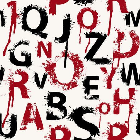 Seamless pattern with abstract letters in form of red and black paint blots and splashes on a light backdrop. Vector background with alphabet letters. Suitable for wallpaper, wrapping paper or fabricのイラスト素材