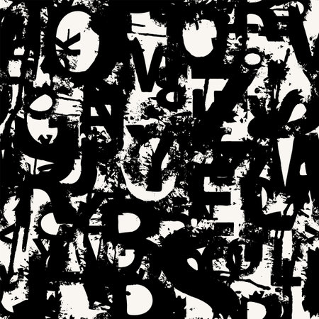 Black and white seamless pattern with paint stains and splashes in form of letters. Abstract vector background with latin letters. Design for fashion print, wallpaper, wrapping paper or fabricのイラスト素材