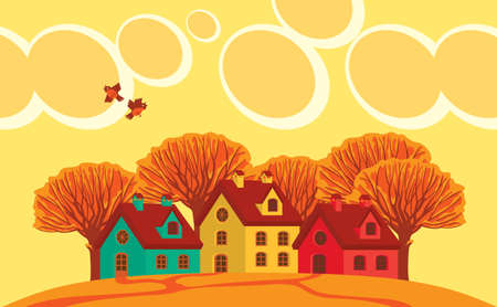 Autumn landscape with yellowed trees, clouds in the yellow sky and cute colored houses on an orange hill. Decorative fall vector illustration in cartoon styleのイラスト素材