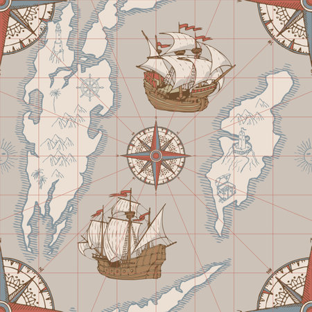 Vector hand-drawn seamless pattern on the theme of travel, adventure and discovery. Repeating background with old map, islands, pirate frigates, vintage sailing yachts and wind roses in retro styleのイラスト素材