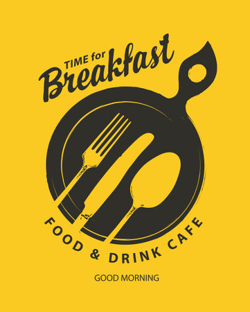 Morning menu or banner for a food and drink cafe. Monochrome vector banner on the theme of Breakfast time with fork, knife, spoon, frying pan and inscriptions on the yellow background in retro styleのイラスト素材
