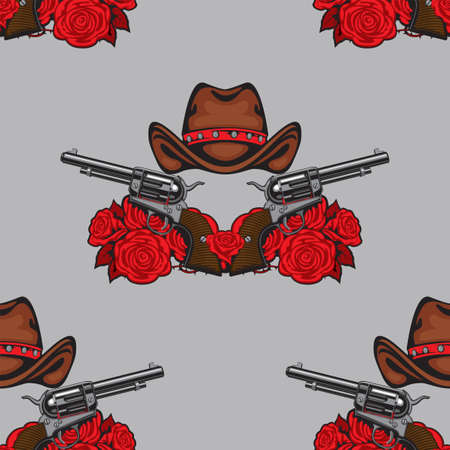 Vector seamless pattern with old revolvers, brown cowboy hats and red roses on a gray backdrop. Graphic print for clothes in youth style, wallpaper, wrapping paper or fabric designのイラスト素材