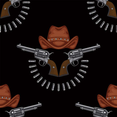 Seamless pattern with revolvers, cowboy hats and cartridges laid out in a semicircle on a black backdrop. Repeating vector background.Suitable for wallpaper, wrapping paper, graphic print for clothingのイラスト素材