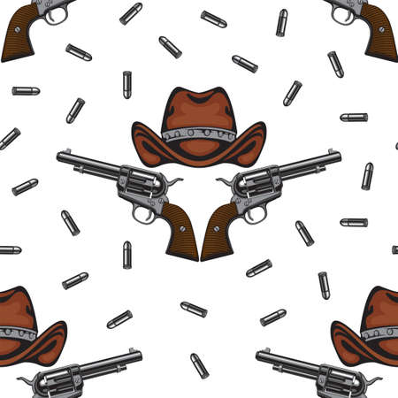 Vector seamless pattern with old revolvers, brown cowboy hats and scattered cartridges on a light background. Suitable for wallpaper, wrapping paper, fabric, graphic print for clothingのイラスト素材