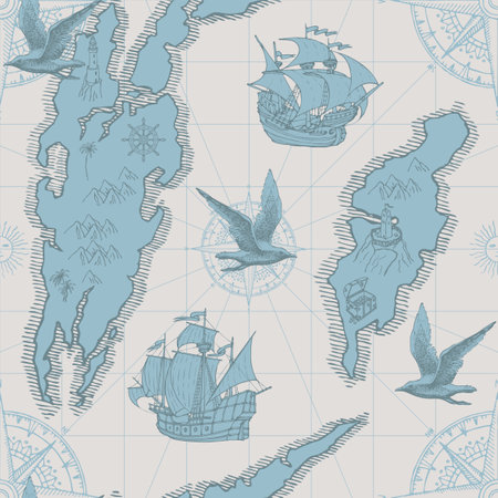 Hand-drawn seamless pattern in form of old map with islands, compasses, pirate frigates, vintage sailing ships and seagulls. Vector background in retro style, wallpaper, wrapping paper or fabric designのイラスト素材