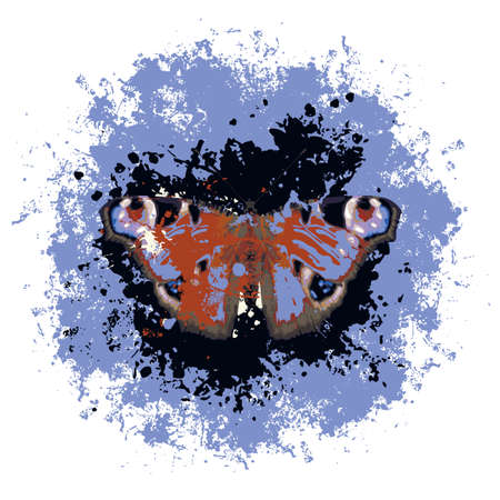 Abstract illustration of a peacock eye butterfly with open wings and violet and black paint spots on a light background. Vector banner with a beautiful insect in grunge style. T-shirt print, graffitiのイラスト素材