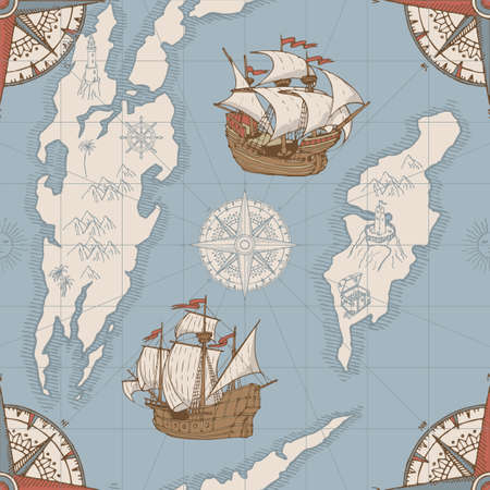 Hand-drawn seamless pattern on the theme of travel, adventure and discovery in retro style. Vector old map background with islands, pirate frigates, vintage sailing yachts and compass signsのイラスト素材