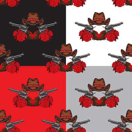 Vector seamless pattern with brown cowboy hats, revolvers and red roses on a various backdrops. Graphic print for clothes, repeating background, wallpaper, wrapping paper or fabric designのイラスト素材