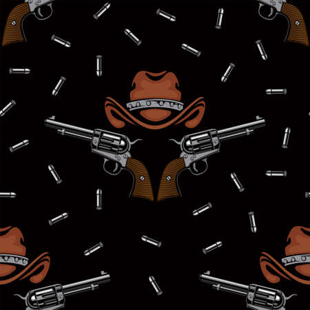 Seamless pattern with old revolvers, brown cowboy hats and scattered cartridges on a black backdrop. Vector background. Suitable for wallpaper, wrapping paper, fabric, graphic print for clothingのイラスト素材