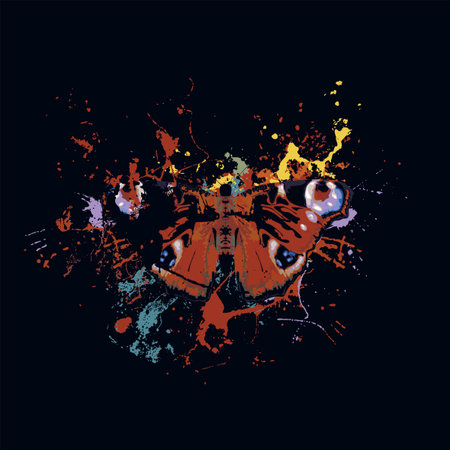 Abstract vector illustration of a peacock eye butterfly with open wings on a black background with colorful paint spots. Creative banner with beautiful insect in modern style. T-shirt print, graffitiのイラスト素材