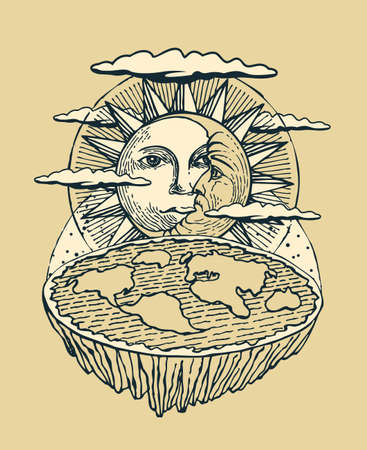 Hand-drawn banner with flat Earth, the Sun and Moon. Old Vision of Planet and solar system. Alternative pseudo scientific theory of flat earth. Vector illustration in beige colors in retro style.のイラスト素材