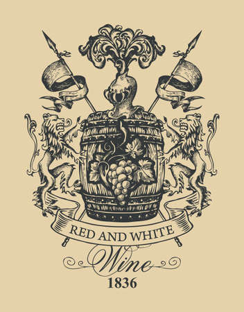 A hand-drawn vector banner for red and white Wine with a wooden barrel, lions, spears, knights helmet and bunch of grapes. Ornate wine label in form of antique coat of arms on a vintage beige backdropのイラスト素材