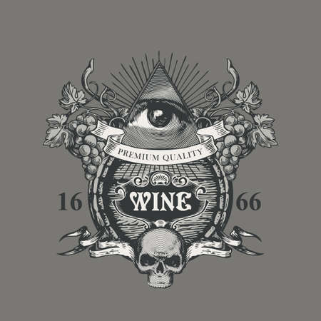 A hand-drawn vector banner with the inscription Wine, an all-seeing eye, bunches of grapes, wooden barrel and sinister human skull. Vintage wine label in the form of a coat of arms on a gray backdropのイラスト素材