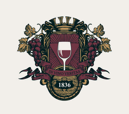 Ornate vector banner in form of an ancient coat of arms with a glass of wine, a crown, bunches of grapes, ribbons, wooden barrel and the words In vino veritas. Hand-drawn illustration in retro styleのイラスト素材
