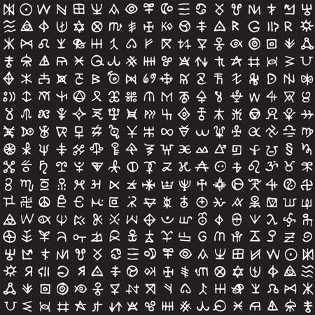 Abstract seamless pattern with magical runes and occult signs. Vector background with ancient esoteric, mystical symbols on a black backdrop. Chalk drawing with a fictional runic alphabetのイラスト素材