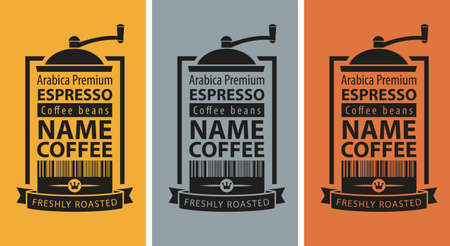 Set of vector labels for freshly roasted coffee beans in retro style. Coffee labels with coffee grinders, barcodes and inscriptions Espresso, Arabica premium on a background with various colorsのイラスト素材