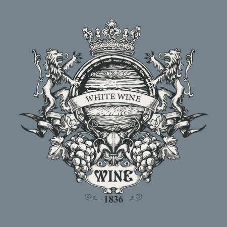 Hand-drawn vector banner for white Wine with a wooden barrel, crown, lions, fleur de lis and bunches of grapes. Ornate wine label,  or emblem in form of vintage coat of arms on a gray backdropのイラスト素材