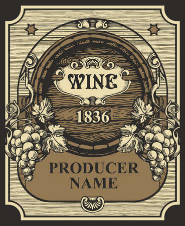 Vector wine label with a hand-drawn bunches of grapes and a large wooden barrel in a figured frame. Ornate illustration on a wine theme in beige and black colors in vintage styleのイラスト素材