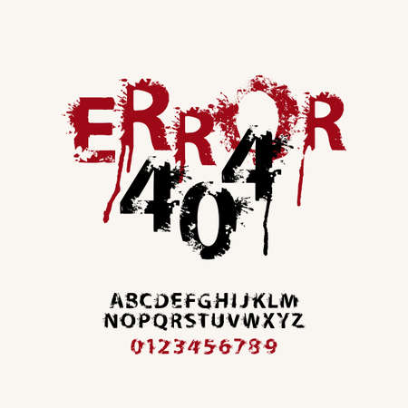 Error 404 lettering in abstract letters with spots and drips. Vector set of alphabet letters and numbers written in red and black paint on a light background. System error illustration. Spattered fontのイラスト素材
