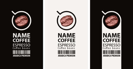 Set of three coffee labels. Vector labels with coffee beans in cups, barcodes and inscriptions Espresso, Arabica premiumのイラスト素材
