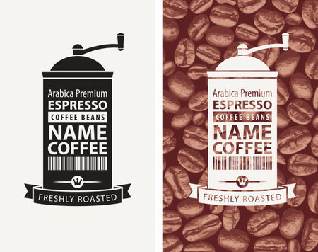 Set of vector labels or banners for freshly roasted coffee beans. Coffee labels with coffee grinders, barcodes and inscriptions Espresso, Arabica premium on a various backgroundsのイラスト素材