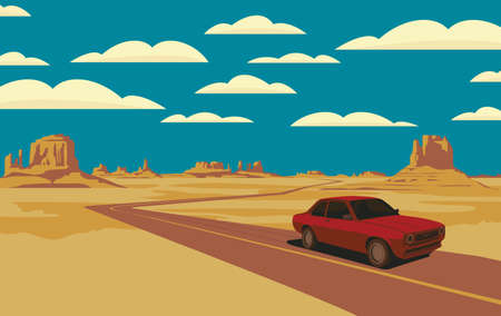 Decorative landscape with a road and a single passing car in the desert with rocks and clouds in blue sky. Vector illustration of a road in form of polyline passing through the barren American sceneryのイラスト素材
