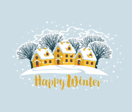 Vector banner or greeting card with winter landscape in cartoon style. Decorative illustration with cute yellow houses, snowy trees on a snow-covered hill and the inscription Happy winterのイラスト素材