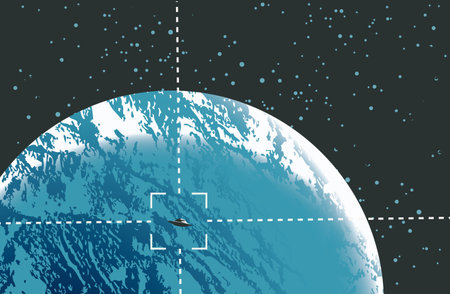 Graphic illustration with a UFO on the background of planet Earth, a view from space. Vector banner...