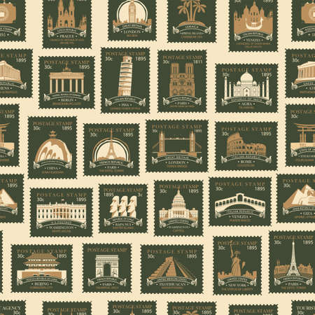 Seamless pattern with sights of different countries in the form of old postage stamps on a light backdrop. Vector background in retro style on the travel theme. Wallpaper, wrapping paper, fabricのイラスト素材