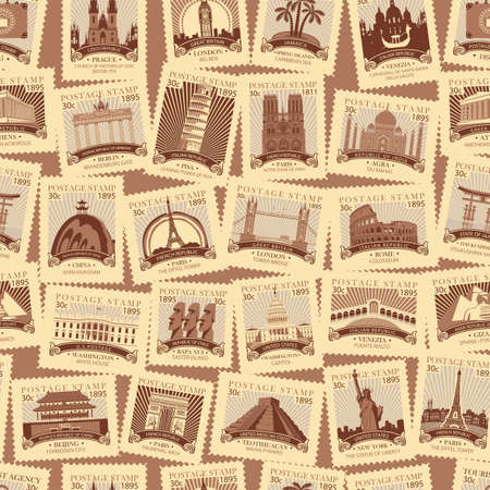 Vector seamless pattern with old postage stamps with sights from different countries. Retro-style repeating background on a travel theme in beige colors. Suitable for wallpaper, wrapping paper, fabricのイラスト素材