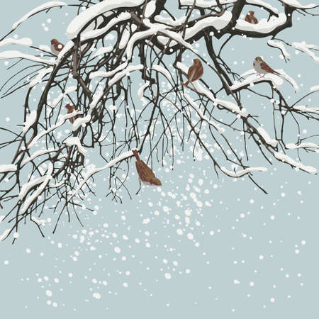 Beautiful winter landscape with snow-covered tree branches and small birds against a gray sky. Snowy vector illustration with a flock of cheerful sparrows jumping on branchesのイラスト素材