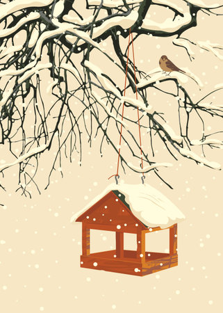 A beautiful winter landscape with snow-covered tree branches, a bird feeder and a small frozen sparrow on a background of light beige sky. Snowy vector illustration in retro styleのイラスト素材