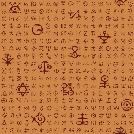 Vector seamless pattern with magical runes and esoteric signs in grunge style. Abstract monochrome background with mystical, occult symbols on a brown backdrop. Wallpaper, wrapping paper or fabricのイラスト素材