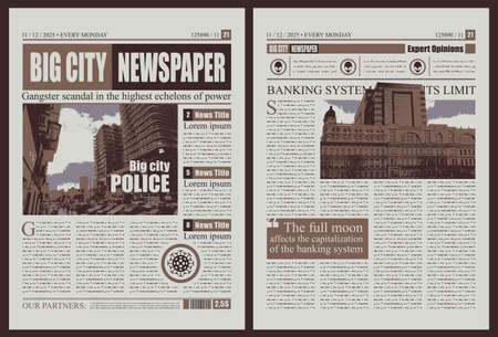Vector newspaper layout with headlines, illustrations and imitation of text. Colored newsprint design or magazine page template. Breaking news columns, articles and place for advertising.のイラスト素材