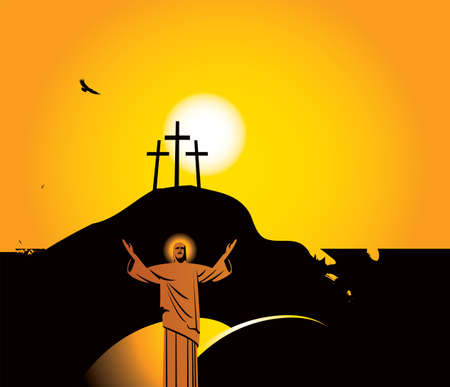 Easter banner with the resurrected Jesus Christ on the background of a hill with three crosses for crucifixions at dawn or sunset. Religious vector illustration in black and orange colors.のイラスト素材