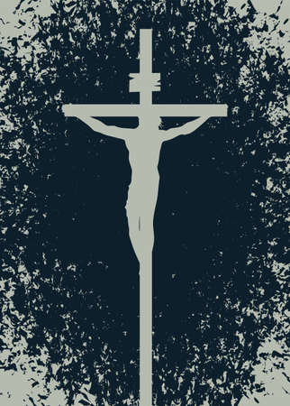 Monochrome banner for Easter or good Friday with the silhouette of crucifixion. Vector illustration on a religious theme in gray and black colors in grunge styleのイラスト素材