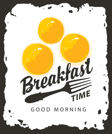 Morning food and drink menu for cafe or restaurant with three delicious hot scrambled eggs and a fork on a black background. Vector banner or flyer in flat style on the theme of Breakfast timeのイラスト素材