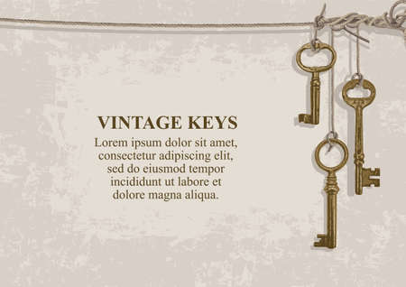 Vintage background with old bronze keys and a place for text on a light beige backdrop in grunge style. Vector illustration with realistic ancient keys hanging on ropes.のイラスト素材