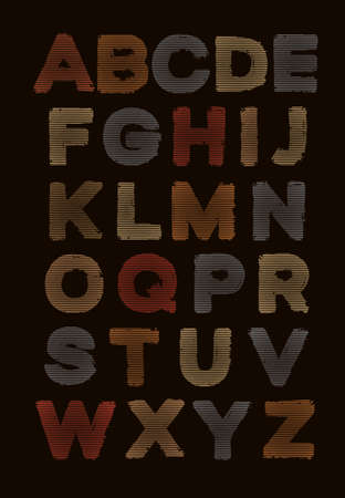 Colored uppercase letters of the English alphabet with a striped texture. Vector set of capital bold Latin letters in retro style on a black background. Stylish and fashionable font designのイラスト素材