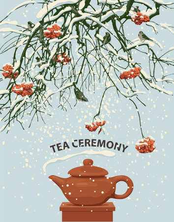 A beautiful winter landscape with the inscription Tea ceremony. Vector illustration with a brown teapot, snow-covered branches and red clusters of mountain ash and a flock of small frozen sparrowsのイラスト素材