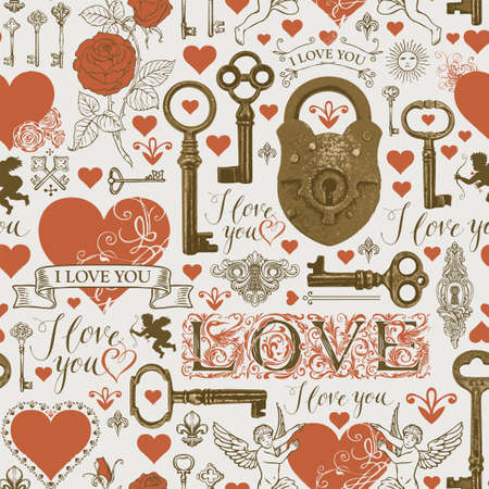 Seamless pattern on a love theme with initial letters, red hearts, bronze vintage keys, old padlock, angels. Vector background in retro style for valentine greeting. Wallpaper, wrapping paper, fabricのイラスト素材